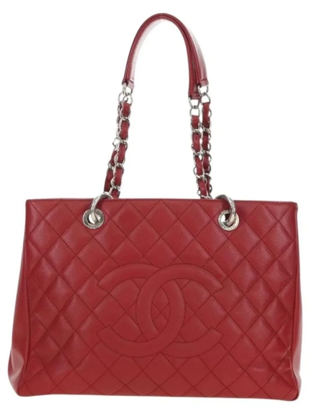 CHANEL GST Matelasse Chain Tote Bag Grained Calf Skin Red Silver CC Auth ep1...